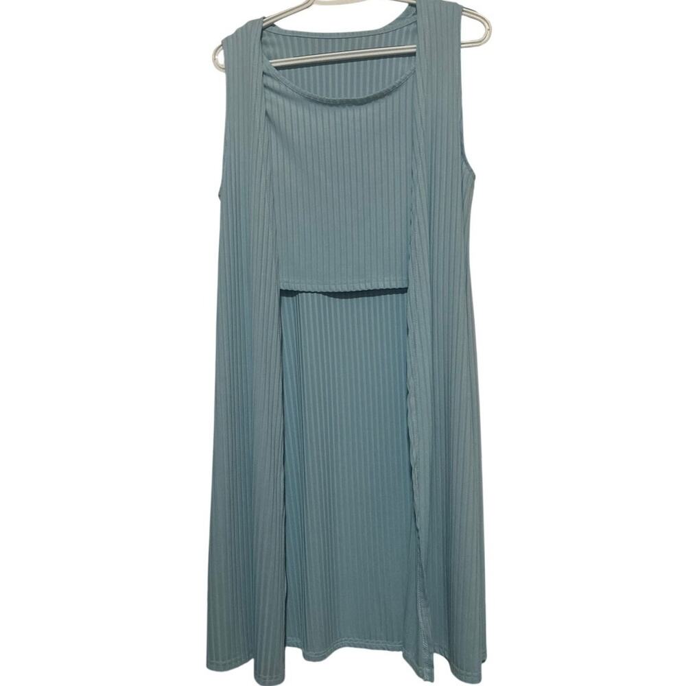 Women’s Light Blue Ribbed Cropped Top and Sleeveless Cardigan Size L